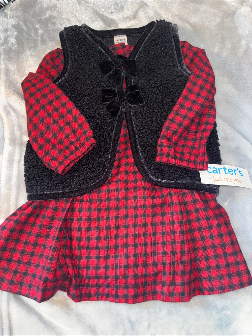 Carter's Red and Black Buffalo Plaid Dress with Black Sherpa Vest